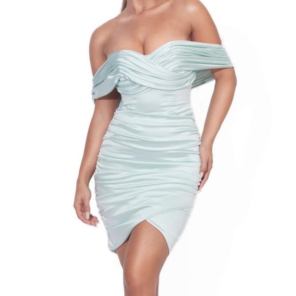 MINT SATIN OFF SHOULDER RUCHED DRESS - Picture 2 of 7
